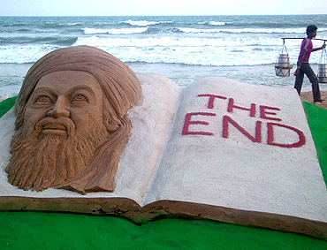 A sand sculpture of Al Qaeda leader Osama bin Laden created by sand artist Sudarshan Patnaik on a beach in Puri