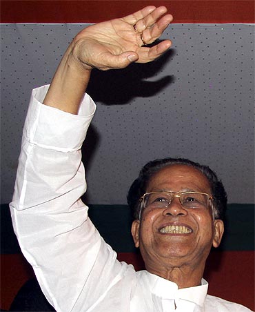 Assam Chief Minister Tarun Gogoi reacts after winning the assembly elections