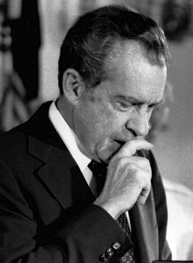Nixon gives his farewell speech to members of his cabinet and staff in the East Room of the White House, following his resignation on August 9, 1974
