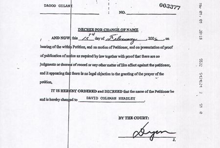 An exhibit by the US attorney's office in the ongoing trial of Tahawwur Rana in a Chicago court showing Headley's name change from Daud Gilani