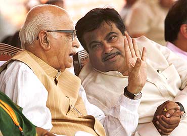 A file photo of BJP chief Nitin Gadkari and senior leader L K Advani