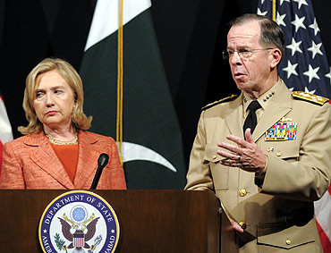 US Admiral Mike Mullen Chairman of the Joint Chiefs of Staff speaks during a joint news conference with Secretary of State Hillary Clinton,  at the US embassy in Islamabad