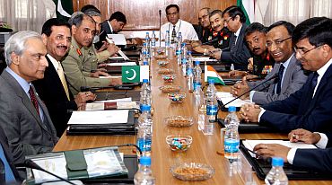 Defence Secretary Pradeep Kumar and his Pakistani counterpart Lt. Gen (Retd) Syed Ather Ali at the defence secretary level talks, between India and Pakistan on Siachen issue, in New Delhi on Monday