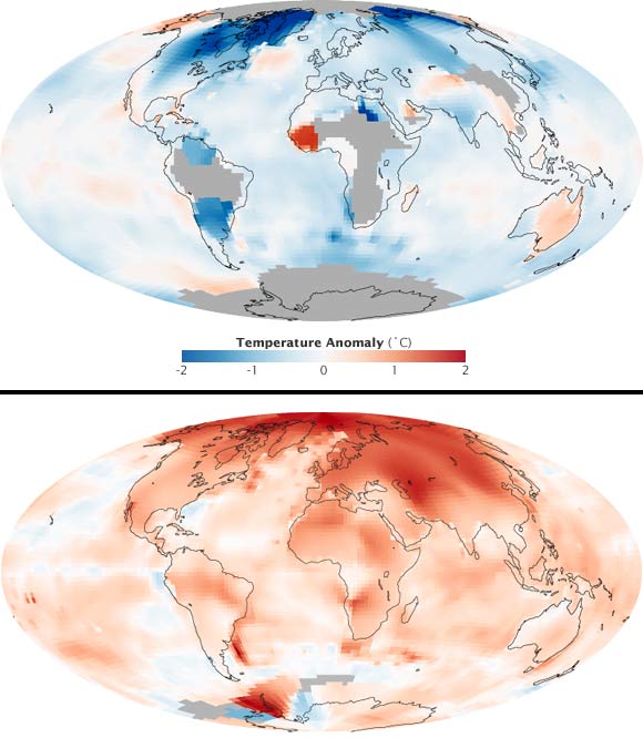 Upper image shows global temperatures between 1880 and 1889. Lower map shows the trend between 2000 and 2009