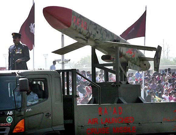 Pakistan's nuclear-capable air-launched 'Ra'ad' cruise missile is driven past during the National Day military parade in Islamabad