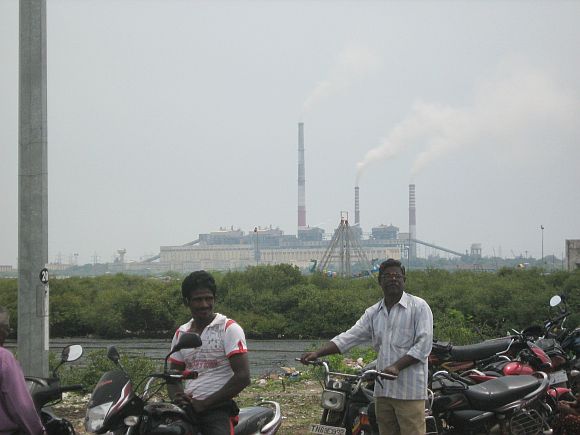 The Tuticorin Thermal plant in the background of the protest venue