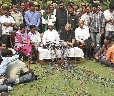 Anna Hazare with associates Arvind Kejriwal, Kiran Bedi, Shanti Bhushan and Prashant Bhushan during a media interaction in New Delhi