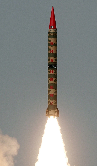 A Hatf-VI (Shaheen2) missile takes off during a test flight from undisclosed location in Pakistan