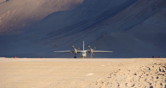 AN-32 transport aircraft landing at the Nyoma airstrip in Ladakh