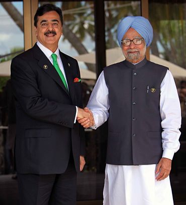 Prime Minister Manmohan Singh with Pakistan PM Yousuf Gilani on the sidelines of the Saarc Summit in Maldives.