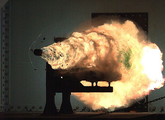 Photograph taken from a high-speed video camera during a record-setting firing of an electromagnetic railgun at Naval Surface Warfare Center in Dahlgren, US, on January 31, 2008.