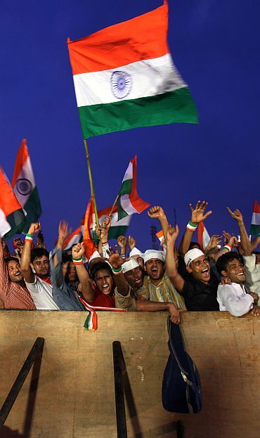 Supporters of Anna Hazare at the Ramlila Ground in New Delhi