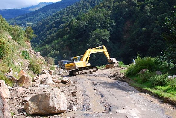 Construction work in progress on a road near Tawang