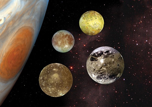 A comparison portrait of Jupiter's four Galilean moons Io, Europa, Ganymede, and Callisto, each with different characteristics. In this image composite, Jupiter is not at the same scale as the satellites.