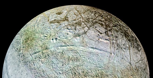 This view shows what the concentric circles might look like on Europa if viewed from a low-orbit spacecraft approaching from the east. The arc-shaped trough in the foreground is roughly 980 feet deep.