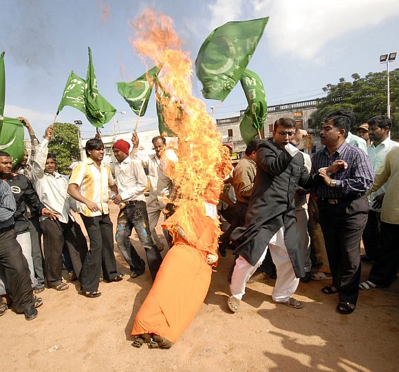 Muslim activists in Hyderabad burn the effigy of Sadhvi Pragya Singh Thakur and Lt Col Shrikant Purohit, accused in the Malegaon blasts case