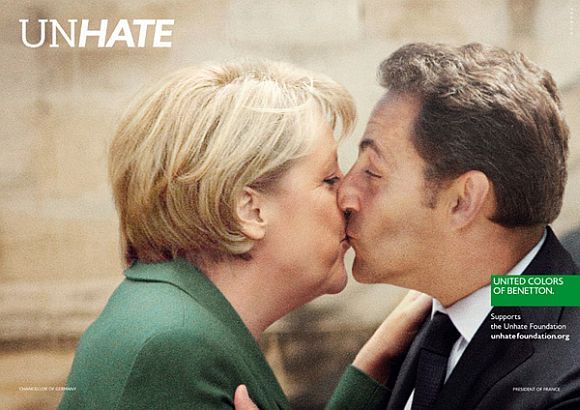 Ad shows German Chancellor Angela Merkel kissing French President Nicolas Sarkozy