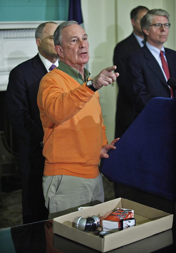 New York City Mayor Michael Bloomberg speaks during a news conference announcing the arrest of Pimentel