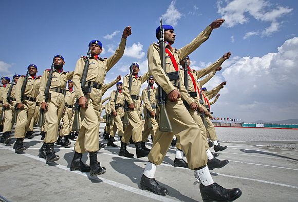 Pakistani army cadets march during passing out parade in Quetta