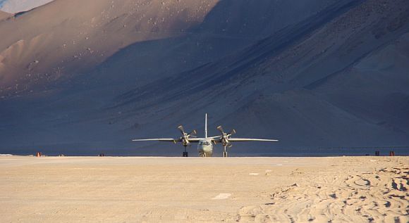 An Indian Air Force aircraft lands at the Advanced Landing Ground at Nyoma, Ladakh