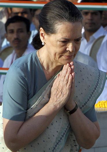 Congress party chief Sonia Gandhi pays homage at the Mahatma Gandhi memorial