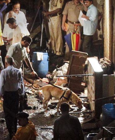 File photo of police using a sniffer dog at the site of the explosion at Zaveri Bazaar