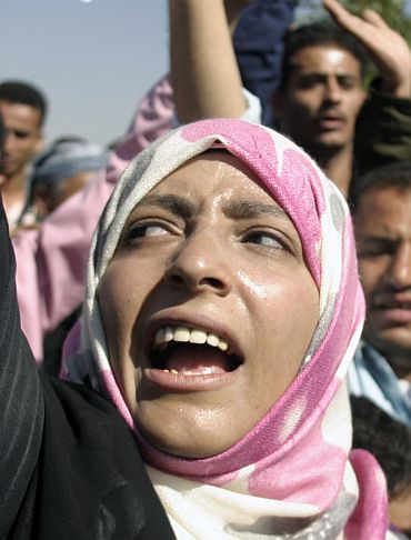 Nobel laureate Tawakel Karman protests in front of the Sana'a University