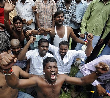 Pro-Telangana activists shout anti-government slogans during a protest in Hyderabad