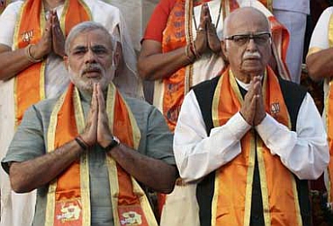 Gujarat CM Narendra Modi with senior BJP leader LK Advani