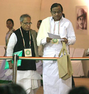 Finance Minister Pranab Mukherjee and Home Minister P Chidambaram at a function in New Delhi