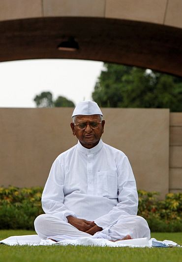 Anna Hazare meditating at Rajghat before he set on his historic fast in August 2011