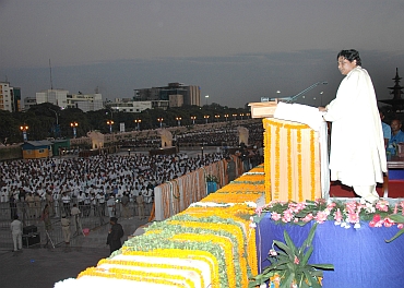Mayawati addresses crowds gathered for the opening of the memorial in Noida on Friday