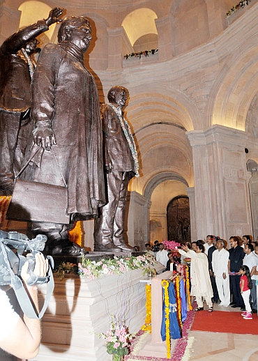 Former Uttar Pradesh CM Mayawati with her own statue and that of Dr B R Ambedkar