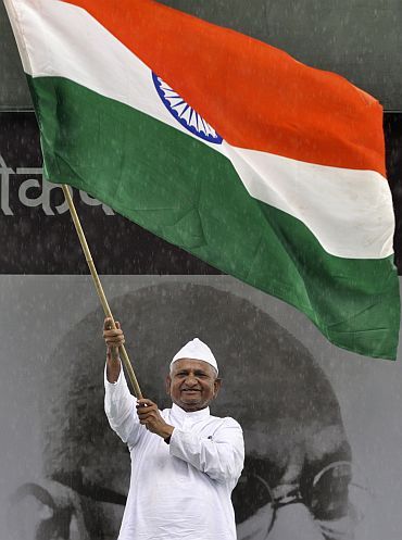Anna Hazare during his fast at Delhi's Ramlila Maidan to press for a stronger Lokpal Bill