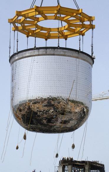 A nearly 200 ton nuclear reactor safety vessel is erected at Indira Gandhi Centre for Atomic Research at Kalpakkam