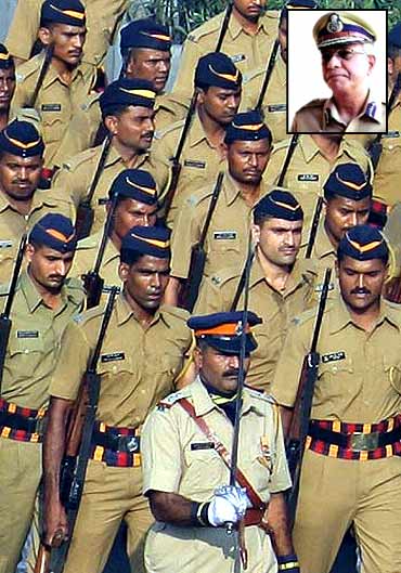 Mumbai police force during a parade. (Inset) D G P K Subrahmanyam