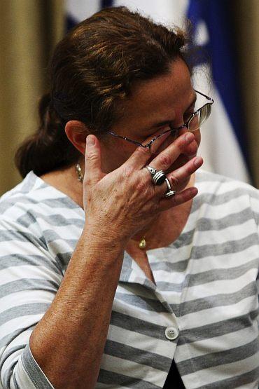 Gilad'mother Aviva Schalit reacts during a meeting with Israeli President Shimon Peres at the president's residence in Jerusalem