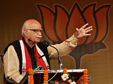 Advani addresses a rally in Guwahati on Thursday as a part of his country wide Jan Chetna Yatra