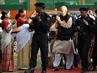 Advani greeted on his visit to Guwahati to address a rally during his all India Jan Chenta Yatra on Thursday