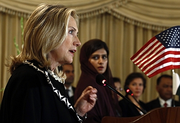 US Secretary of State Hillary Clinton speaks as Pakistan's Foreign Minister Hina Rabbani Khar listens during a joint press availability in Islamabad