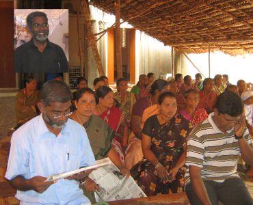 Relay fast being held in a church compound at Idinthakarai in Tamil Nadu. (Inset) S P Udaykumar