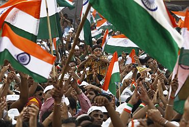 Supporters of Anna Hazare at the Ramlila Ground in Delhi