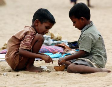 Sri Lankan refugee boys play at the Mandapam camp