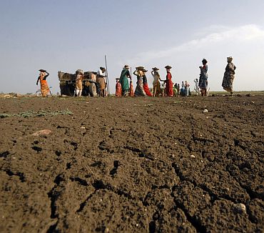 Labourers work under NREGA on a dried lake to try and revive it in Ibrahimpatnam, Andhra