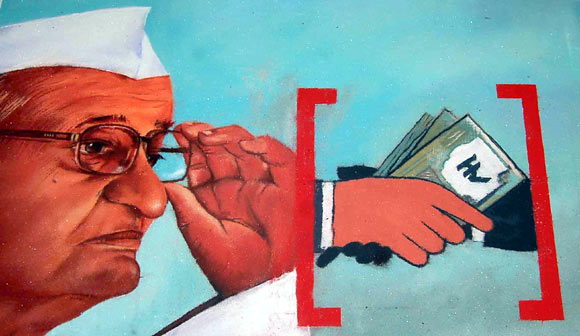 A rangoli depicts activist Anna Hazare and his massive movement against corruption