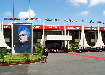 A giant poster of Dr Singh at Dhaka's Hazrat Shahjalal airport