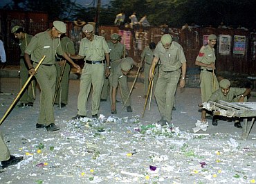 Policemen at the Sadar Bazar blast site