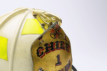 A fire helmet belonging to Fire Chief Joseph Pfeifer is seen in this photograph before becoming a part of memorial. Pfeifer, along with the rest of Ladder 1, survived that day. His brother did not.