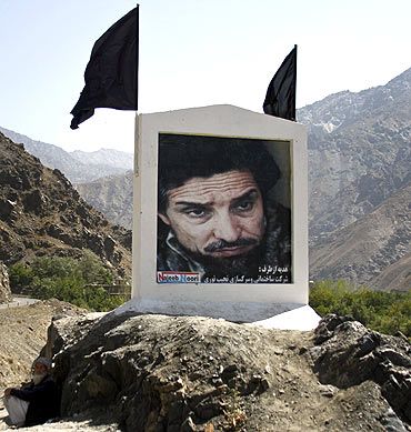 A portrait of Ahmad Shah Massoud at the entrance to Afghanistan's magnificent Panjshir Valley