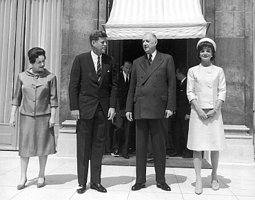 Former French first lady Madame de Gaulle, Former US president John F Kennedy, Former French president Charles de Gaulle with Jacqueline Kennedy outside the Elysee Palace, Paris